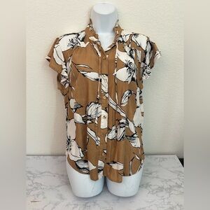 Cassee's Short Sleeve Button Up Shirt Top Women’s L Floral Rayon Neck Tie​